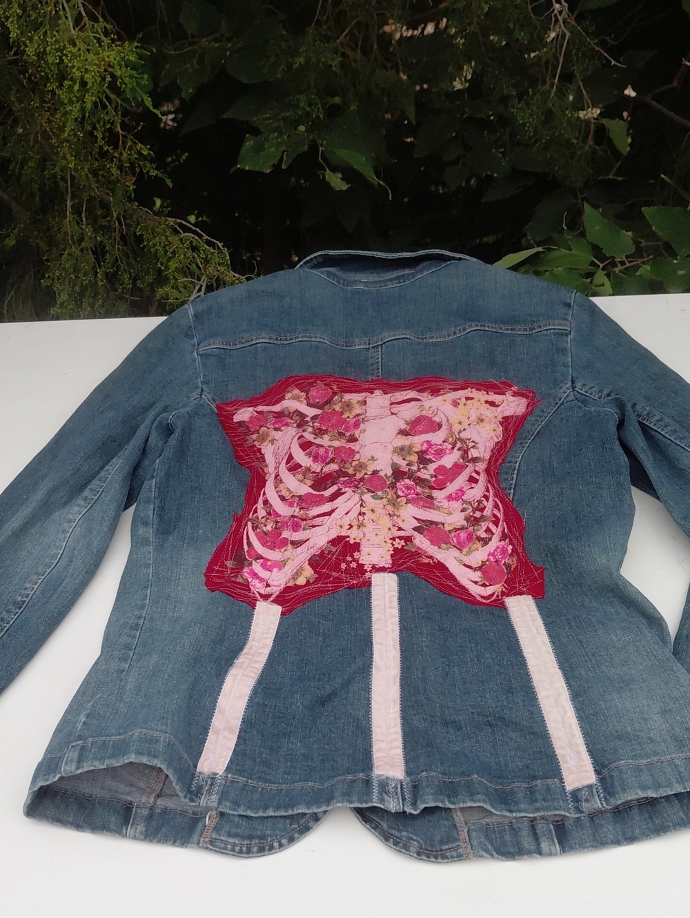 Embellished Blue Denim Jacket with Pink Floral Ribcage Patch